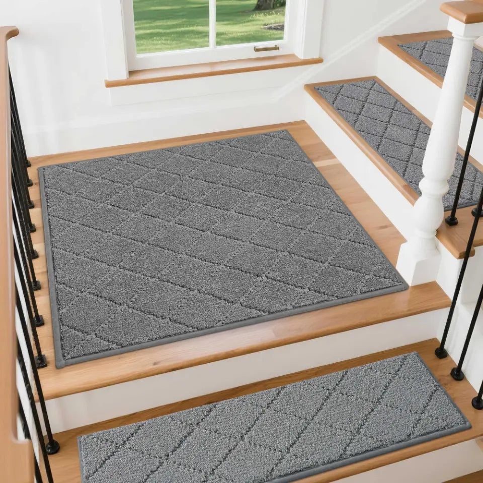 30x30 Medium Grey Diamond Stair Treads Laying on Stairway