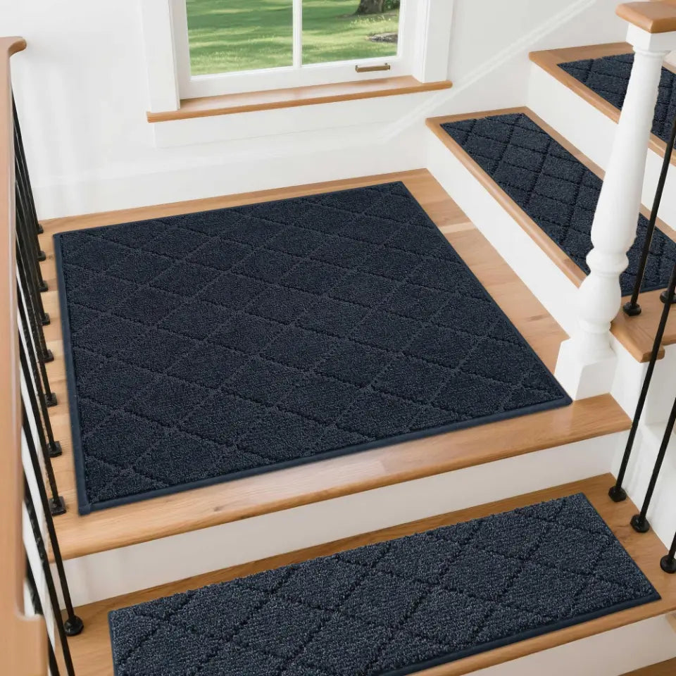 30x30 Navy Blue Diamond Stair Treads Laying on Stairway