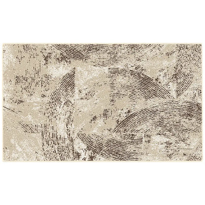 Textured area rug with abstract pattern on a white background