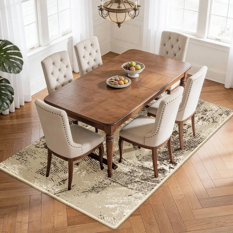 Dining room with wooden table and upholstered chairs on a oatmeal & espresso area rug for kitchen.