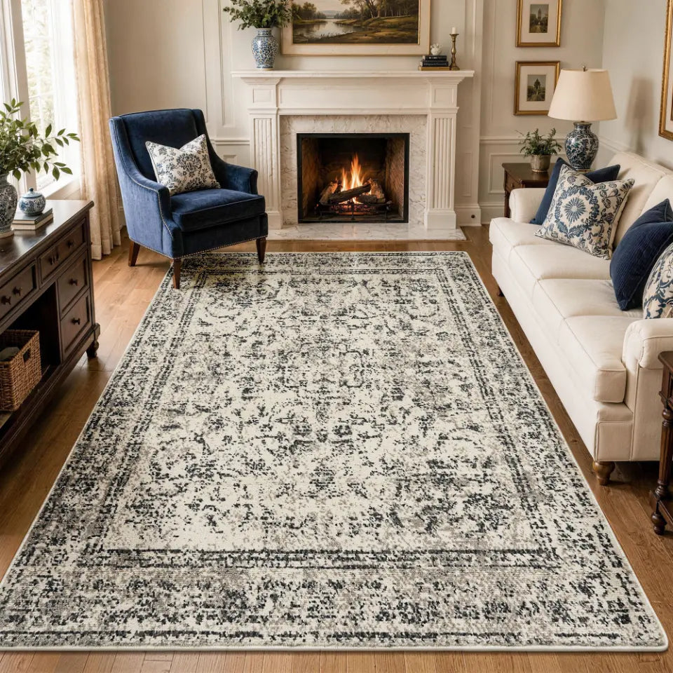 Living room with a large faded grey & cream patterned rug, wooden coffee table, and beige sofa.
