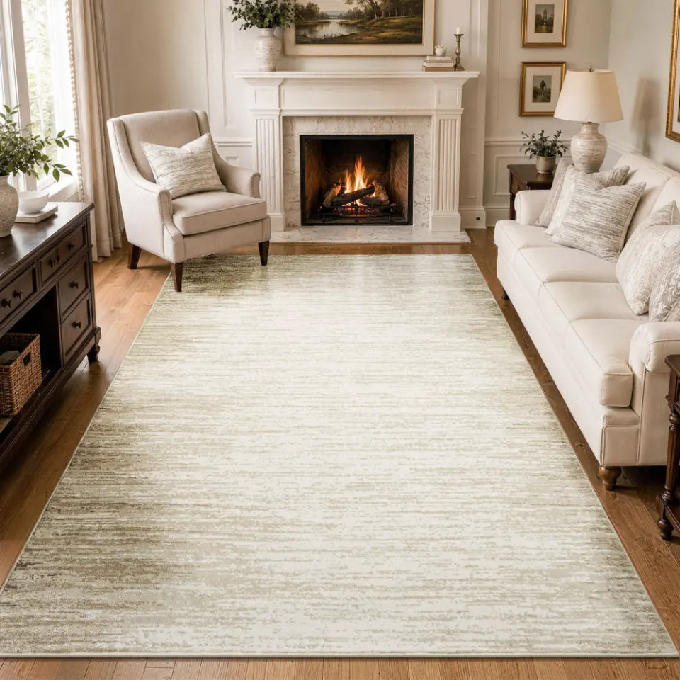 Living room with a large taupe & cream gradient area rug, wooden coffee table, and beige sofa.