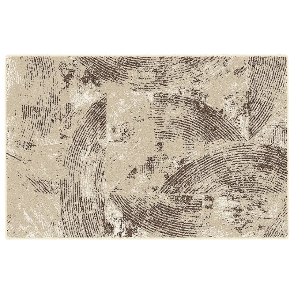 Textured area rug with circular patterns on a plain background