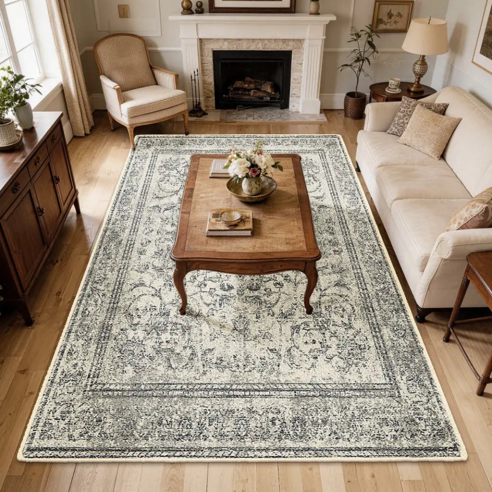 Living room with a large faded grey & cream patterned rug, wooden coffee table, and beige sofa.