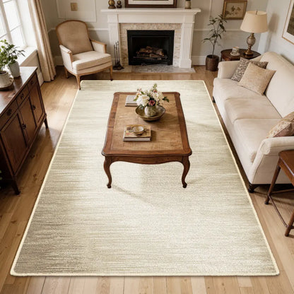 Living room with a large taupe & cream gradient area rug, wooden coffee table, and beige sofa.