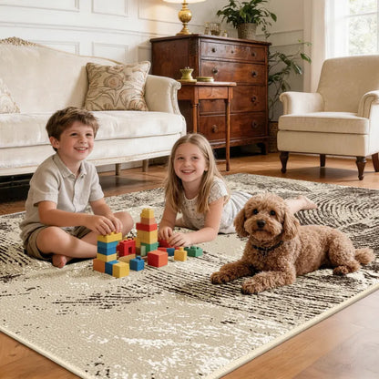 Two children playing with building blocks on a oatmeal & espresso rug in a living room with a dog.
