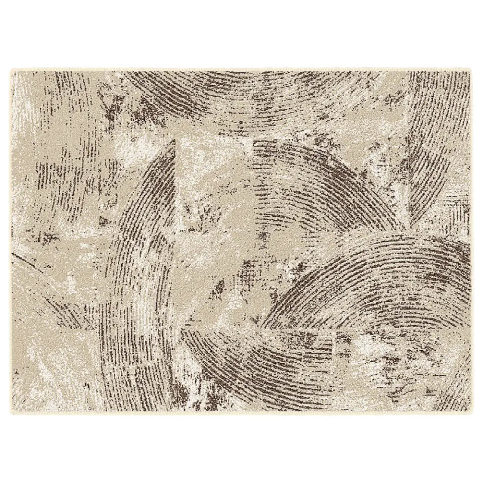 Textured area rug with circular patterns on a white background