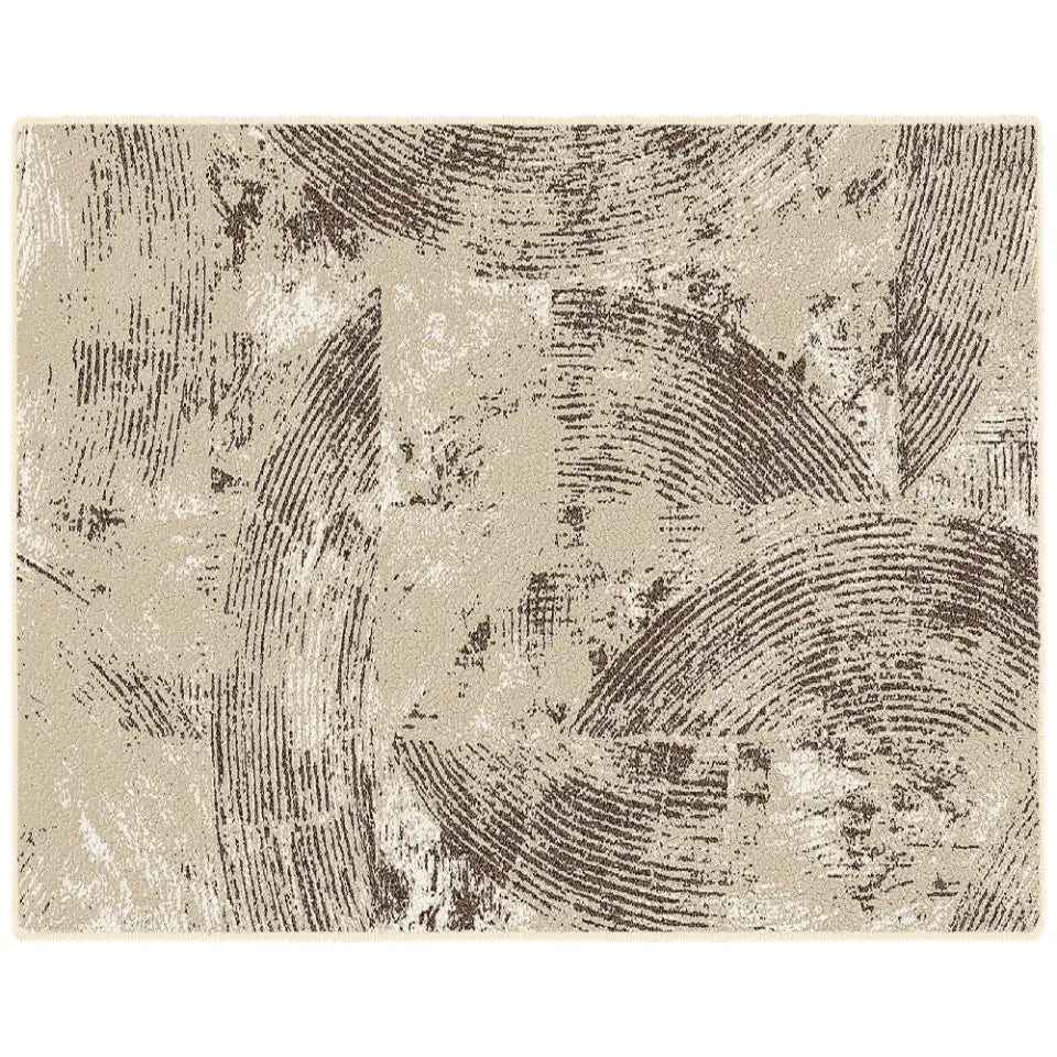 Textured beige and brown patterned rug on a white background
