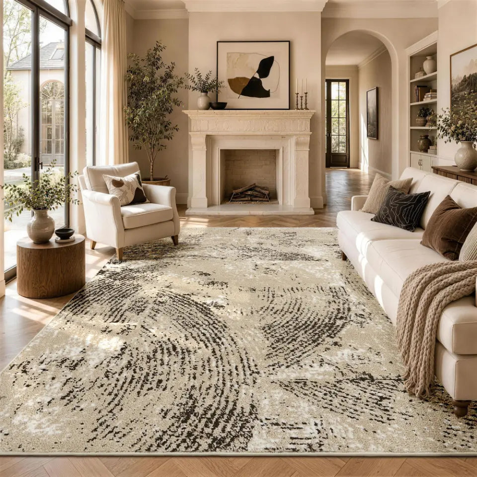 Living room with a patterned rug, sofa, and fireplace.