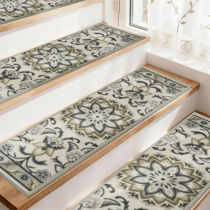 Grey/Green Floral patterned stair treads on a staircase with a window in the background