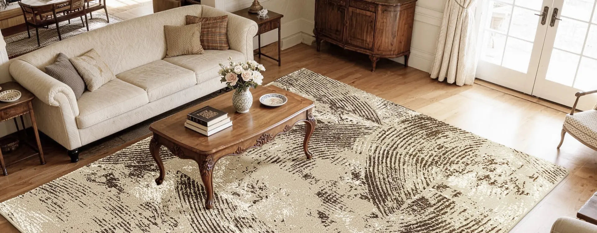 Living room with a beige sofa, wooden coffee table, and decorative rug.