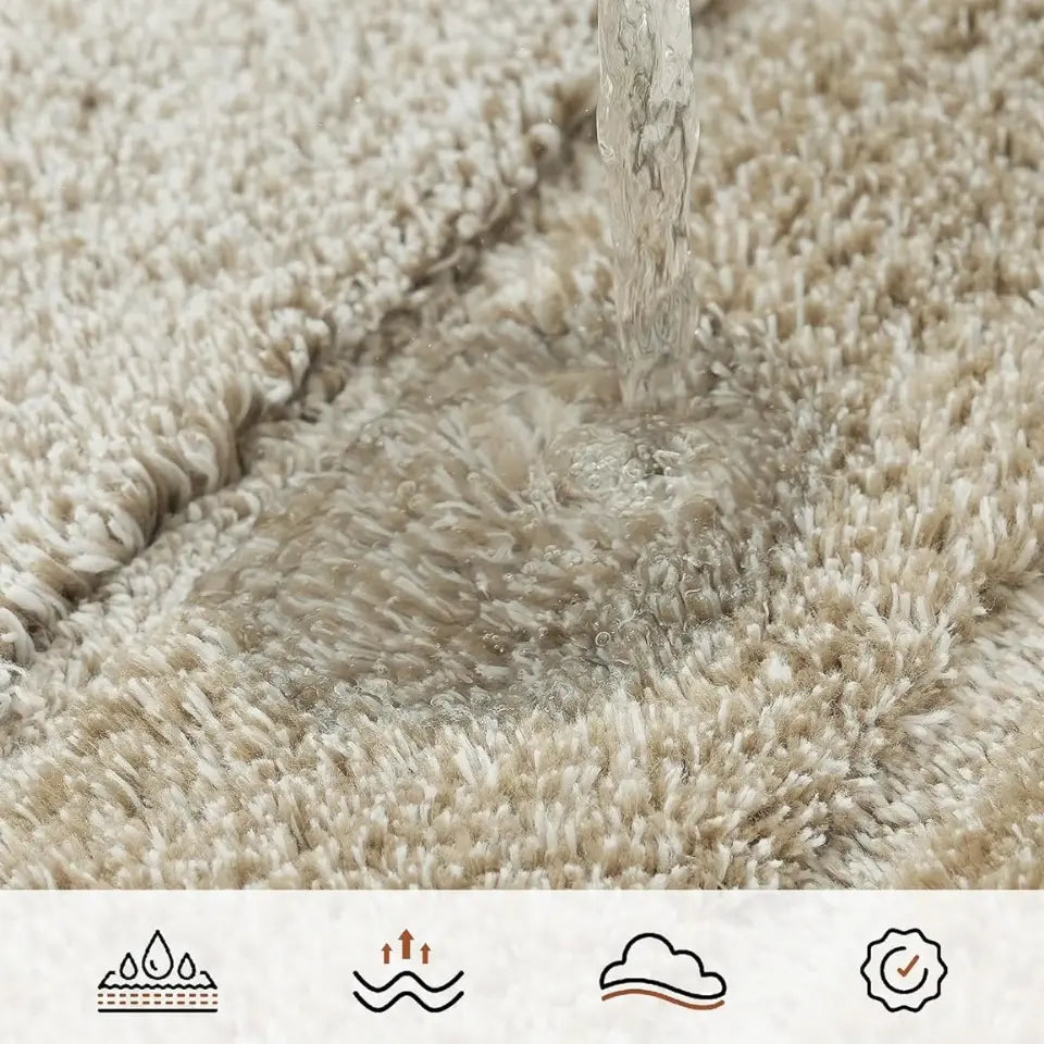 Carpet with water being poured onto it, featuring water resistance icons.