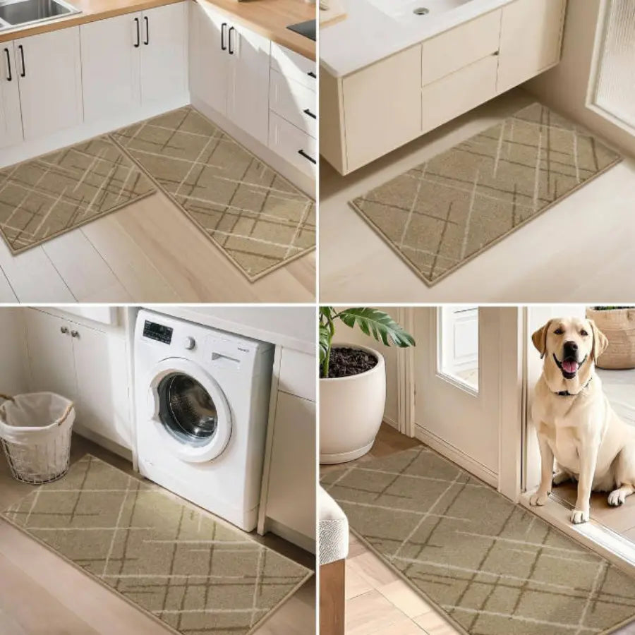 Applications of Beige Abstract Buffalo Plaid Kitchen Rug