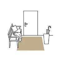 Simplified line drawing of a room with a bed, chair, door and area rug.