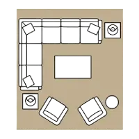 Floor plan of a living room layout with furniture arrangement on a area rug