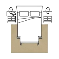 Bedroom layout with bed, nightstands, lamps, and area rug