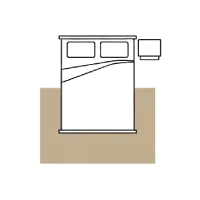 Simplified line drawing of a bedroom layout with a bed, nightstands, and a dresser.