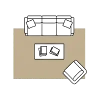 Top-down layout of a living room with furniture on a area rug.