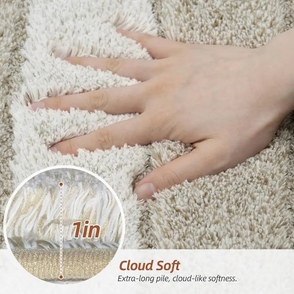 Hand touching a fluffy carpet with an inset showing the pile height labeled '1in' and text 'Cloud Soft'.