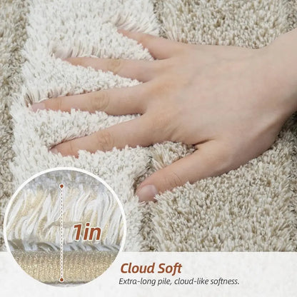 Hand touching a fluffy carpet with an inset showing the pile height labeled '1in' and text 'Cloud Soft'.