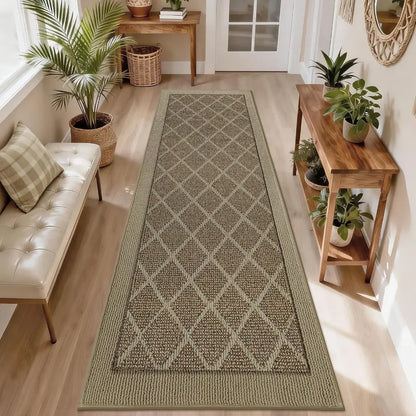 Long beige diamond-patterned rug on a wooden floor with a bench, plants, and a table in a room.