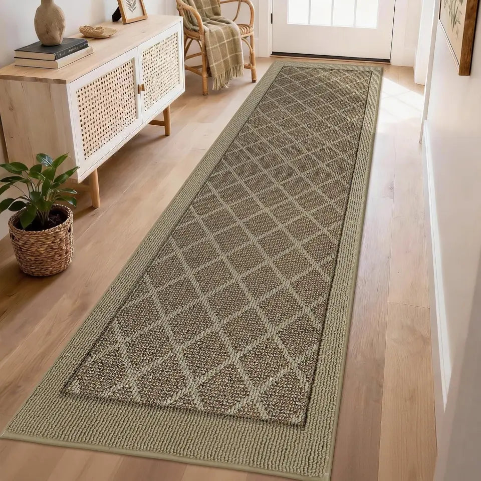 Beige patterned rug on a wooden floor in a home setting