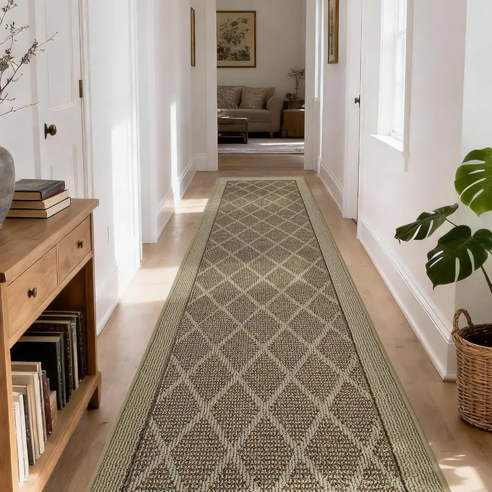 Long beige runner rug on a wooden floor in a home setting with a bookshelf and plant.
