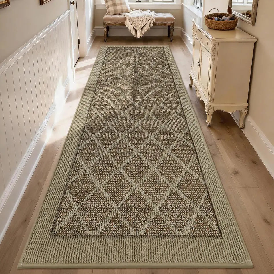 Long beige diamond-patterned rug on a wooden floor with a bench and cabinet in the background.