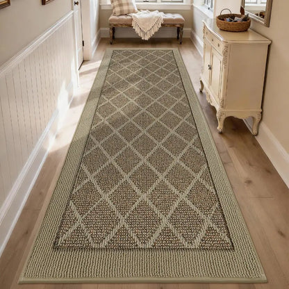 Long beige diamond-patterned rug on a wooden floor with a bench and cabinet in the background.