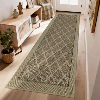 Beige patterned rug on a wooden floor in a room with furniture and decor.