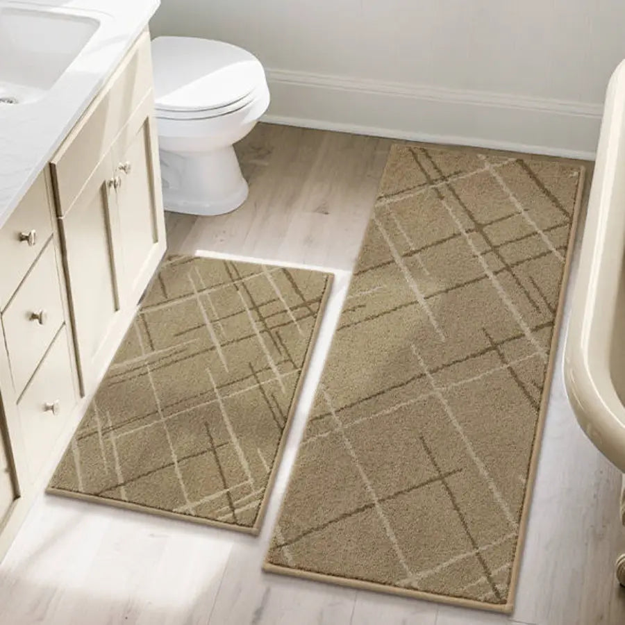 Beige Abstract Buffalo Plaid Kitchen Rug for Bathroom