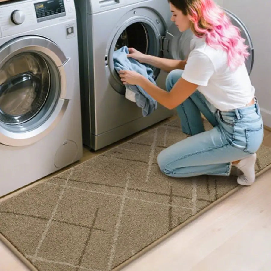 Beige Abstract Buffalo Plaid Kitchen Rug for Laundry Room