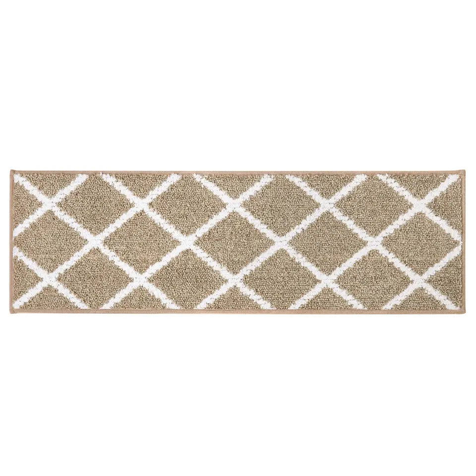 Beige stair rug with white geometric diamond pattern on a white background