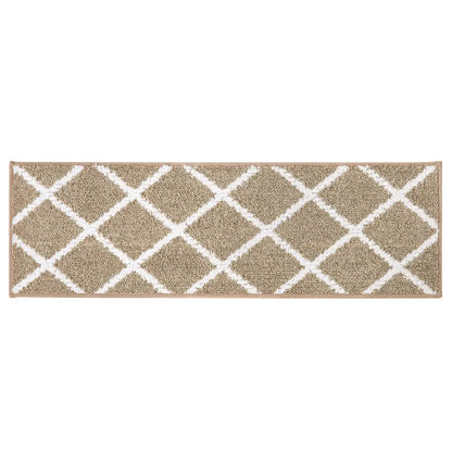 Beige stair rug with white geometric diamond pattern on a white background