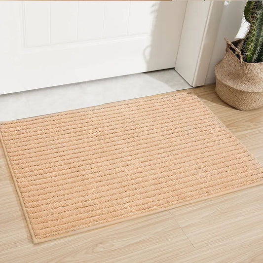 Beige Striped Door Mat Before Front Door