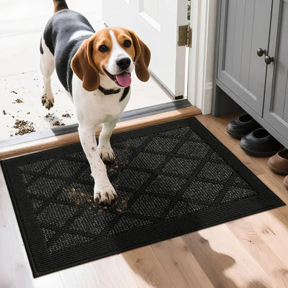 Dog stepping onto a black doormat with dirt tracked on its paws, in a home setting.