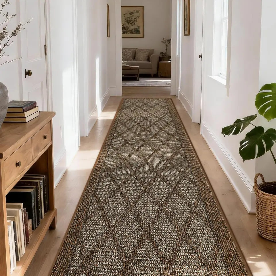 Long, patterned light brown rug in a hallway with wooden furniture and decor.