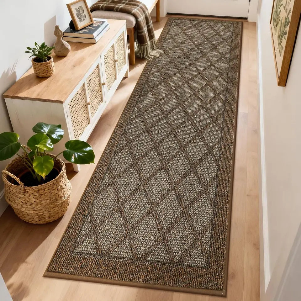 Patterned light brown rug on a wooden floor with a side table and plant in the background