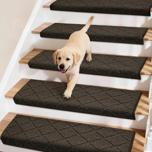 Dog on a set of stairs with brown textured stair pads
