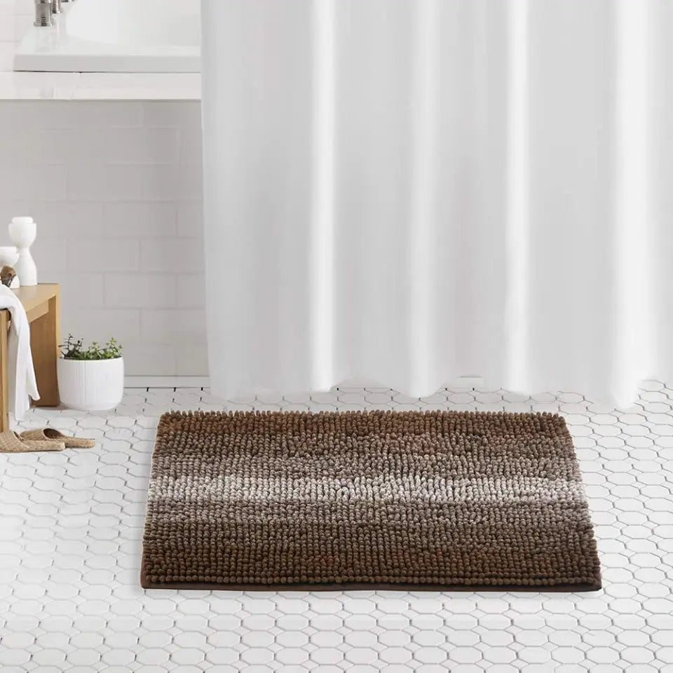 Brown Gradient Stripe Bath Rug before Bath Curtain