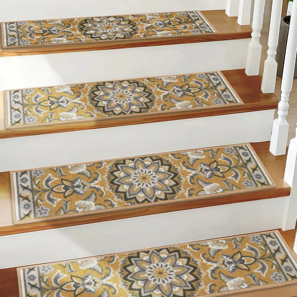 Brown Grey Floral Stair Treads on Stairway