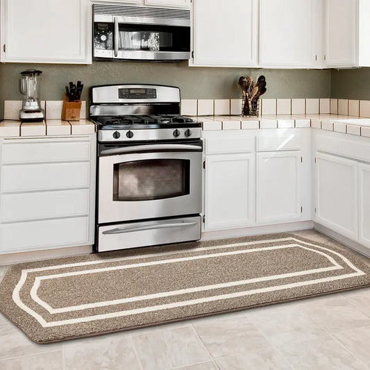 Brown Long Oval Washable Kitchen Rug in Front of Oven