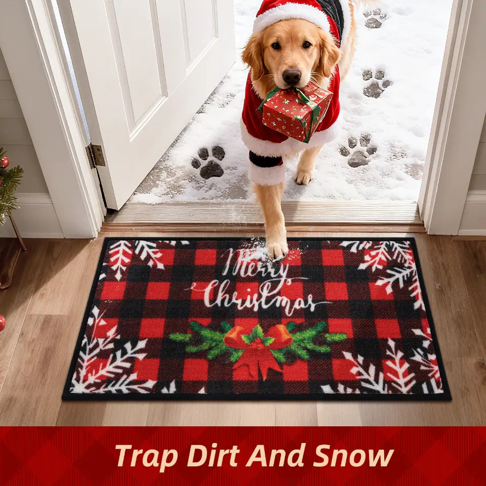 Buffalo Plaid Poinsettia Christmas Floor Mats Trap Dirt and Snow