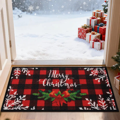 Buffalo Plaid Poinsettia Christmas Floor Mats for Xmas Design