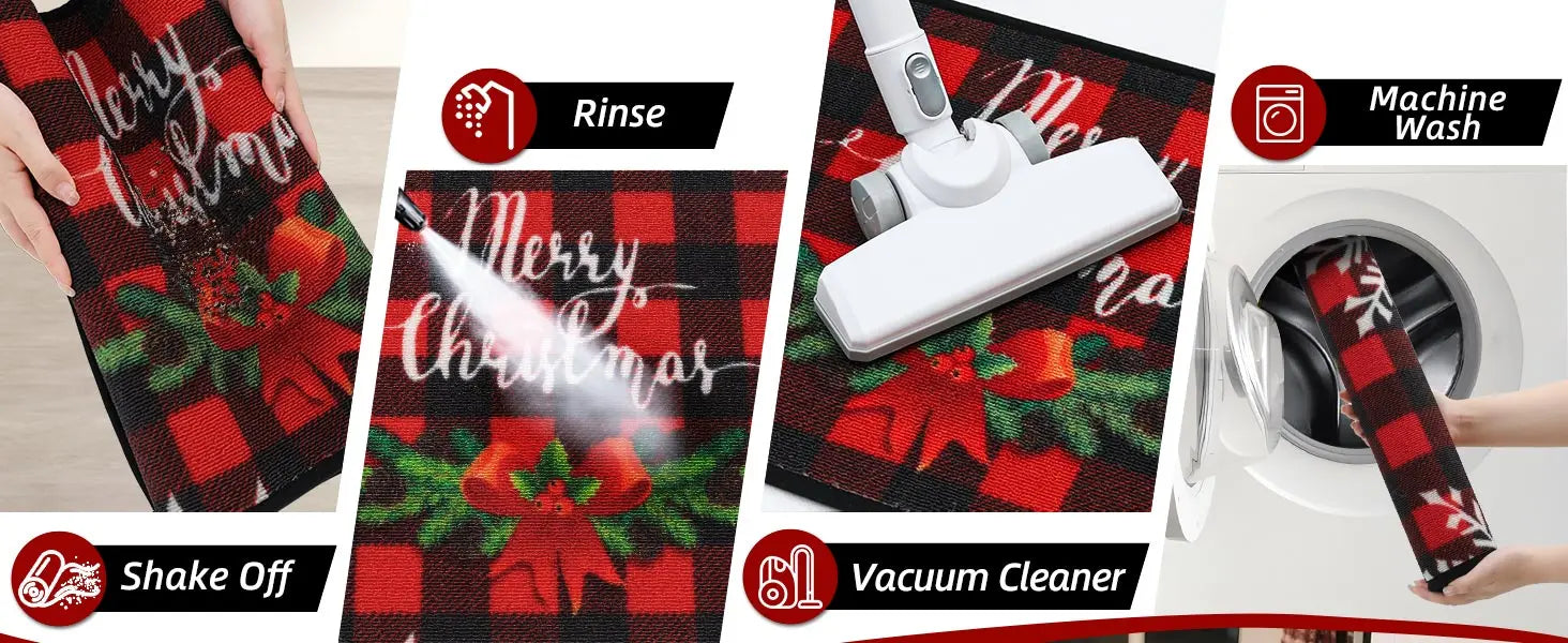Buffalo Plaid Poinsettia Christmas Kitchen Rug Runner Which is Easy to Maintain