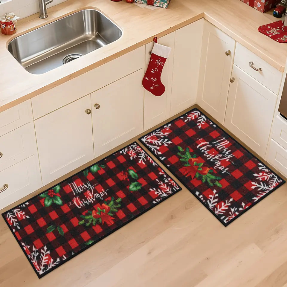 Buffalo Plaid Poinsettia Christmas Kitchen Rug Runner in Christmas Kitchen