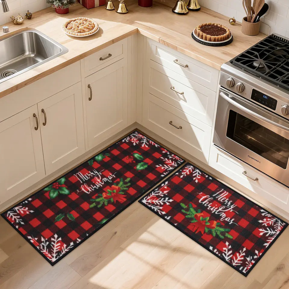 Buffalo Plaid Poinsettia Christmas Kitchen Rug Runner in Kitchen