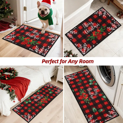 Buffalo Plaid Poinsettia Christmas Kitchen Rug Runner which Perfec for Any Room