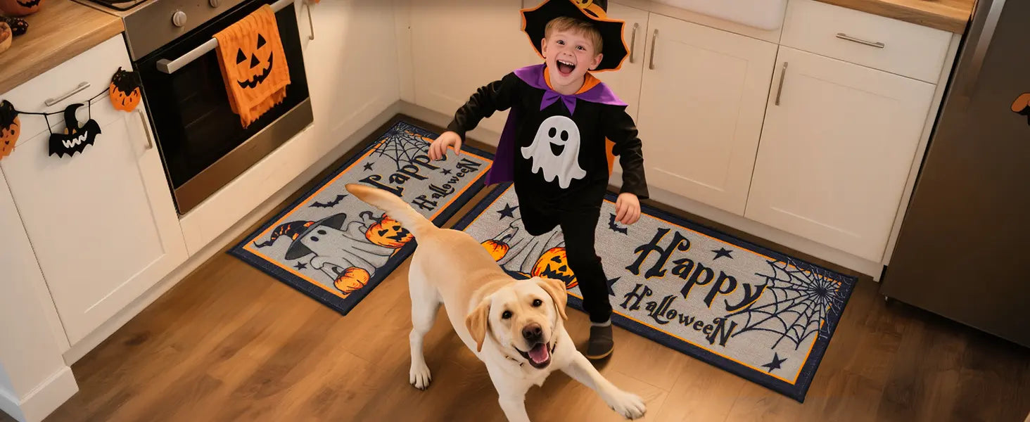 Children and Dog Playing in Halloween Kitchen with Happy Halloween Kitchen Rug