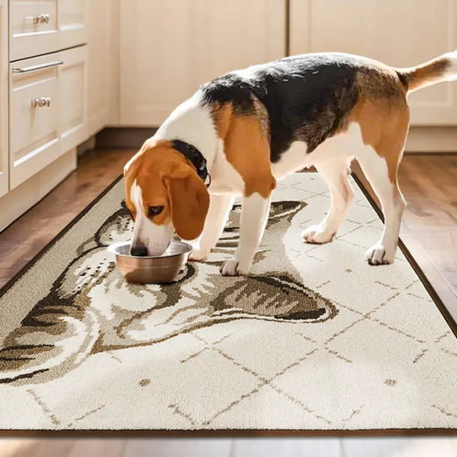 Dog Eating on Cat Welcome Mat